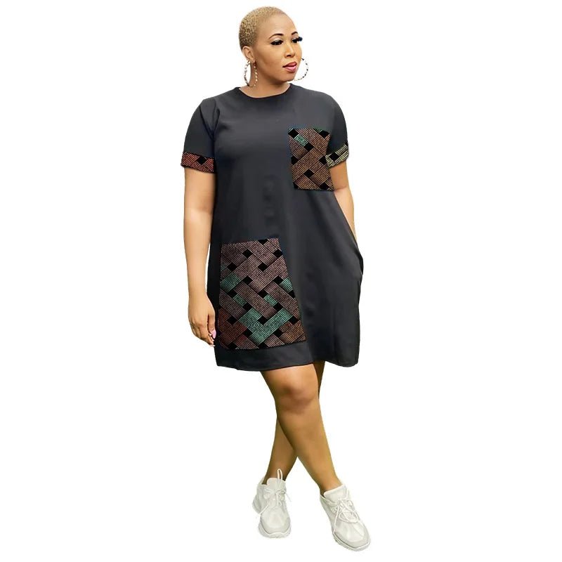 African Ankara Couture Black Dress for Women – O - Neck Short Sleeve Design - Free Delivery Worldwide only at Flexi Africa