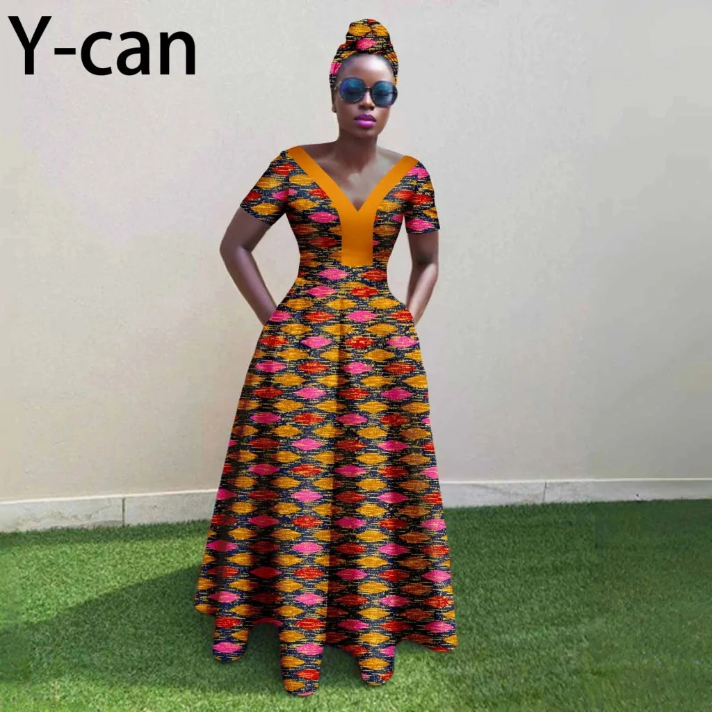 African Ankara Patchwork A - Line Dress – Women’s V - Neck Short Sleeve Party Dress with Headscarf - Free Delivery Worldwide only at Flexi Africa