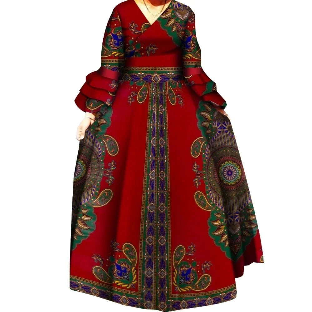African Ankara Print Long Dress for Women – Draped Bazin Riche Dashiki Style - Free Delivery Worldwide only at Flexi Africa