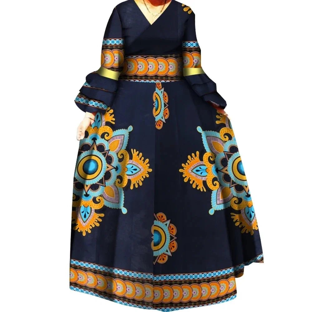 African Ankara Print Long Dress for Women – Draped Bazin Riche Dashiki Style - Free Delivery Worldwide only at Flexi Africa