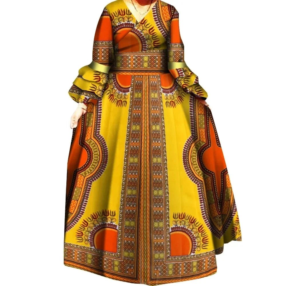 African Ankara Print Long Dress for Women – Draped Bazin Riche Dashiki Style - Free Delivery Worldwide only at Flexi Africa