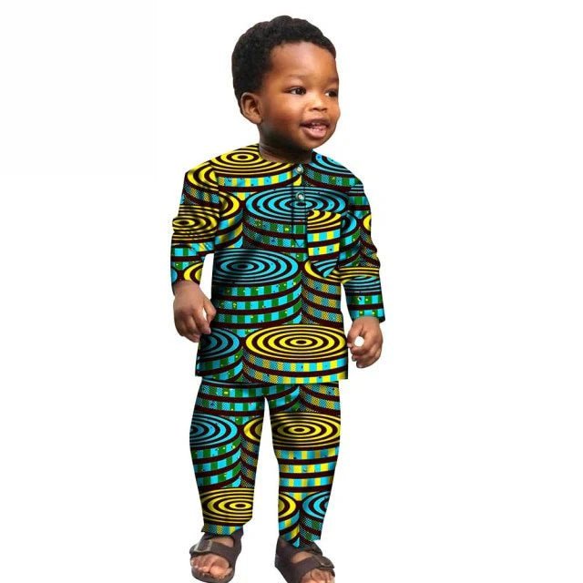 African Boys Cotton Clothes Wax Print Top and Pants Sets for Kids clothing - Flexi Africa offers Free Delivery Worldwide