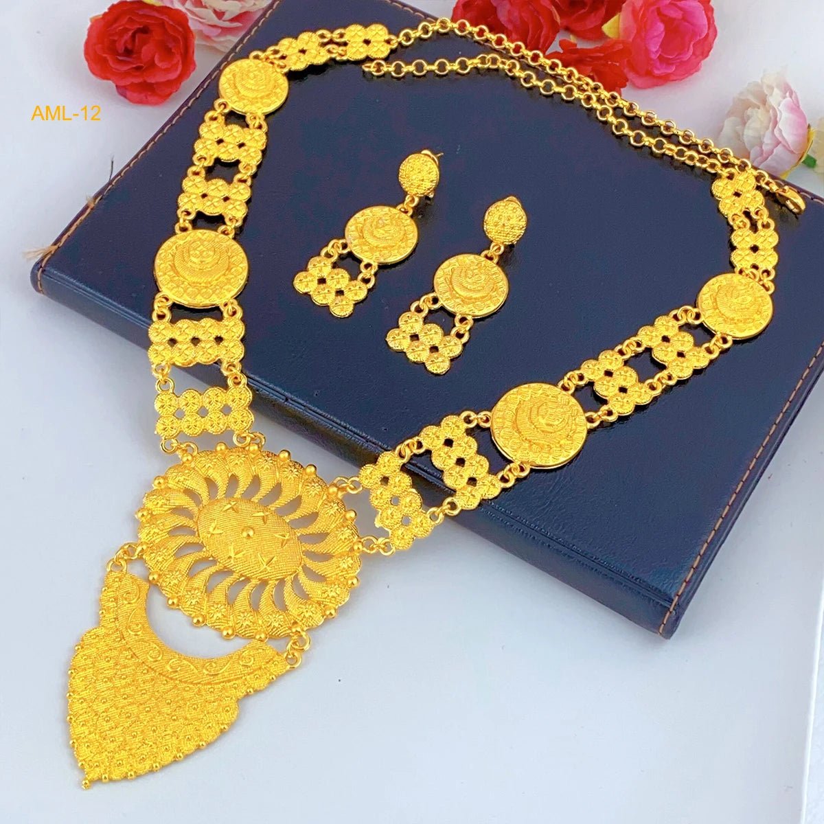 African Bridal Wedding Party Jewelry Set: Gold-Colored Necklace, Earrings, and Big Pendant Ensemble - Flexi Africa - Flexi Africa offers Free Delivery Worldwide - Vibrant African traditional clothing showcasing bold prints and intricate designs