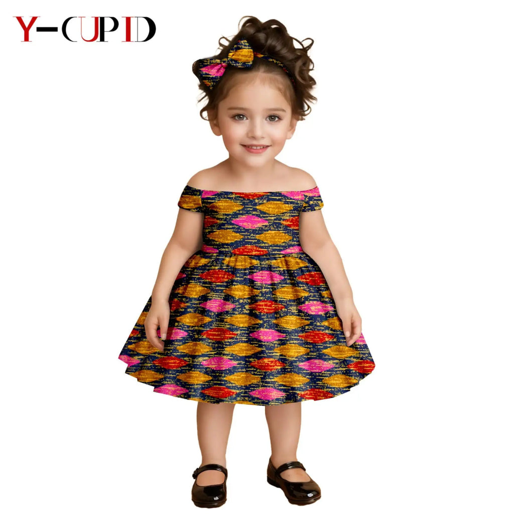African Clothes for Kids Girls – Ankara Print Slash Neck Party Dress with Bow Headband - Free Delivery Worldwide only at Flexi Africa
