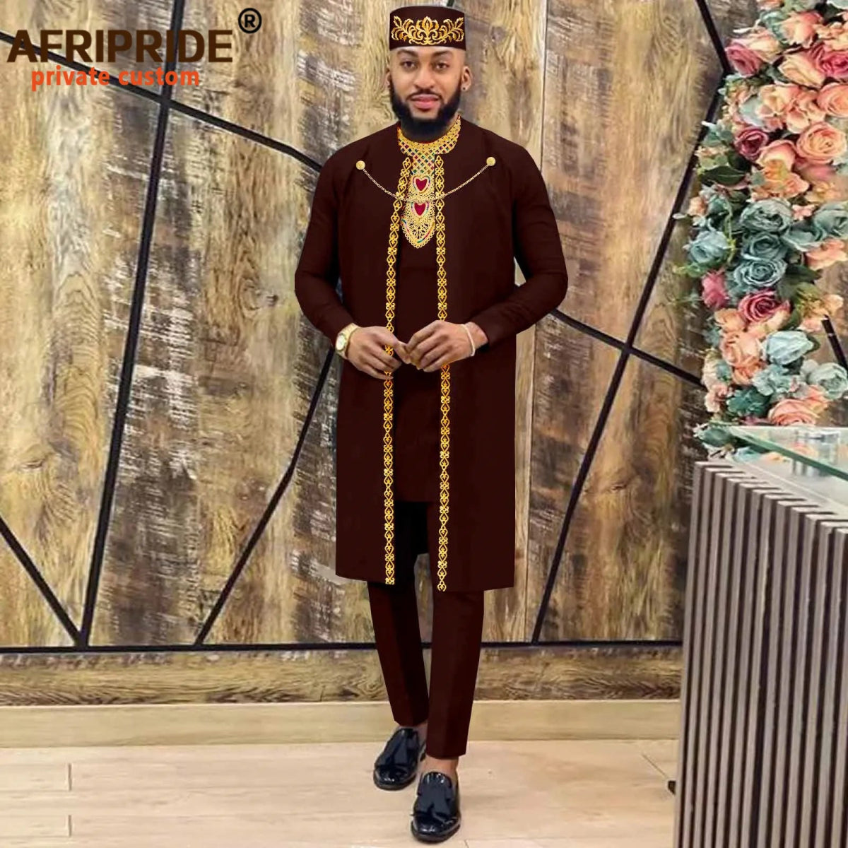 African Clothes for Men – Agbada Robe Embroidery Shirt, Pants, Hat 4PC Set with Chain - Free Delivery Worldwide only at Flexi Africa
