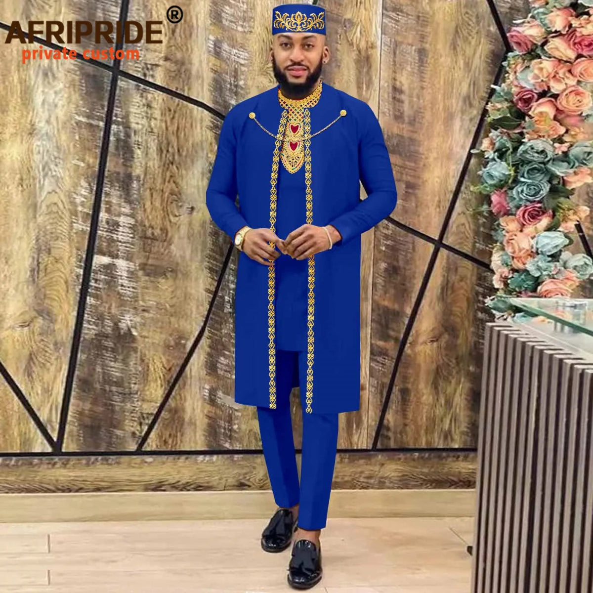 African Clothes for Men – Agbada Robe Embroidery Shirt, Pants, Hat 4PC Set with Chain - Free Delivery Worldwide only at Flexi Africa