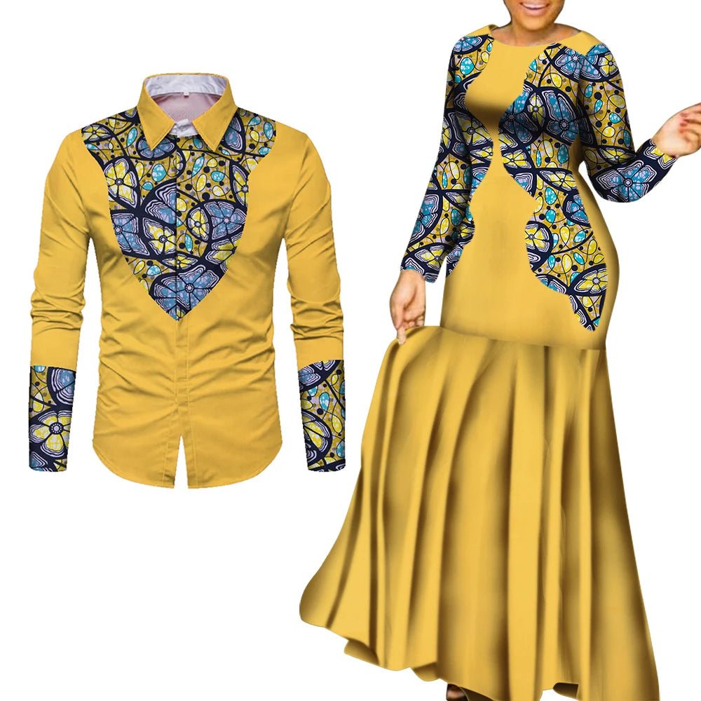 African Couple Matching Outfits – Elegant Lovers’ Traditional Clothing Set, Men’s Shirt & Women’s Long Maxi Dress - Free Delivery Worldwide only at Flexi Africa