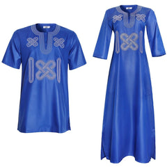African Couple Outfit Set – Men’s Dashiki Embroidered Shirt & Women’s Ankara Short Sleeve Dress - Free Delivery Worldwide only at Flexi Africa