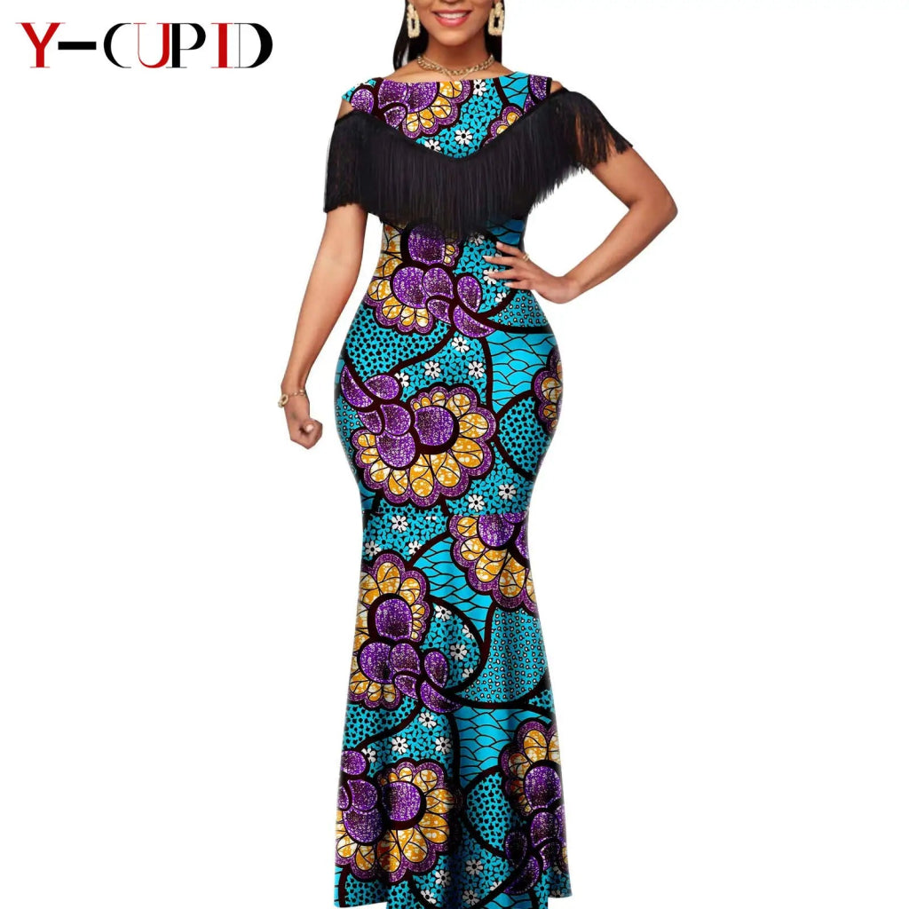 African Dashiki Bazin Riche Long Dress for Women – Slim Tassel Print Matching Couple Party Outfit - Free Delivery Worldwide only at Flexi Africa