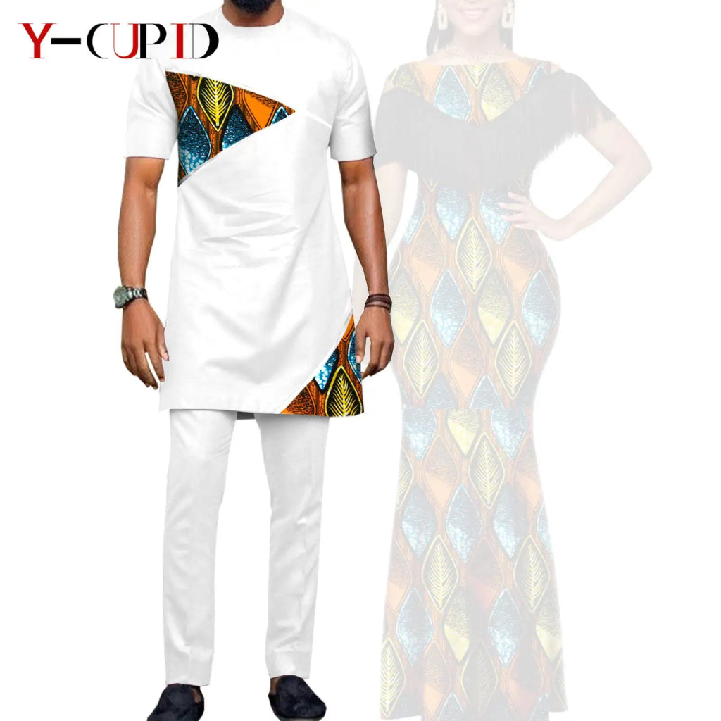 African Dashiki Bazin Riche Long Dress for Women – Slim Tassel Print Matching Couple Party Outfit - Free Delivery Worldwide only at Flexi Africa