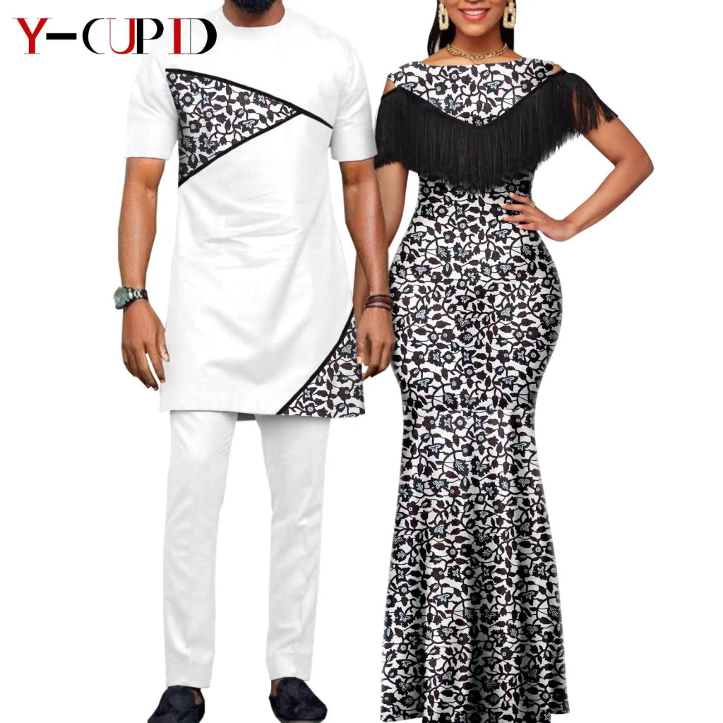 African Dashiki Bazin Riche Long Dress for Women – Slim Tassel Print Matching Couple Party Outfit - Free Delivery Worldwide only at Flexi Africa