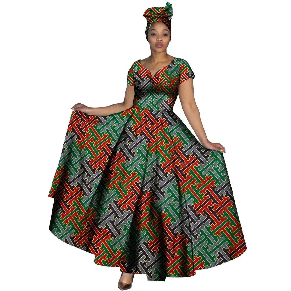 African Dashiki Women’s Maxi Dress – Ankara Print V - Neck Long Dress with Head Scarf - Free Delivery Worldwide only at Flexi Africa