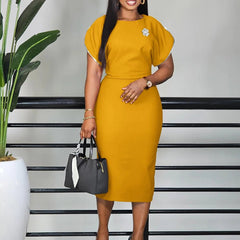 African Dress for Woman 2025 Summer Fashion Style Africa Women Zipper Short Sleeve O - Neck Solid Color Knee Length Church Dresses - Free Delivery Worldwide only at Flexi Africa