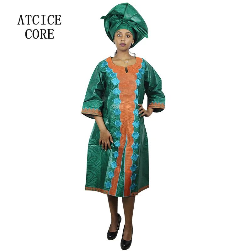 African Dresses For Woman Baizn Riche Embroidery Middle Dress With Scarf - Free Delivery Worldwide only at Flexi Africa