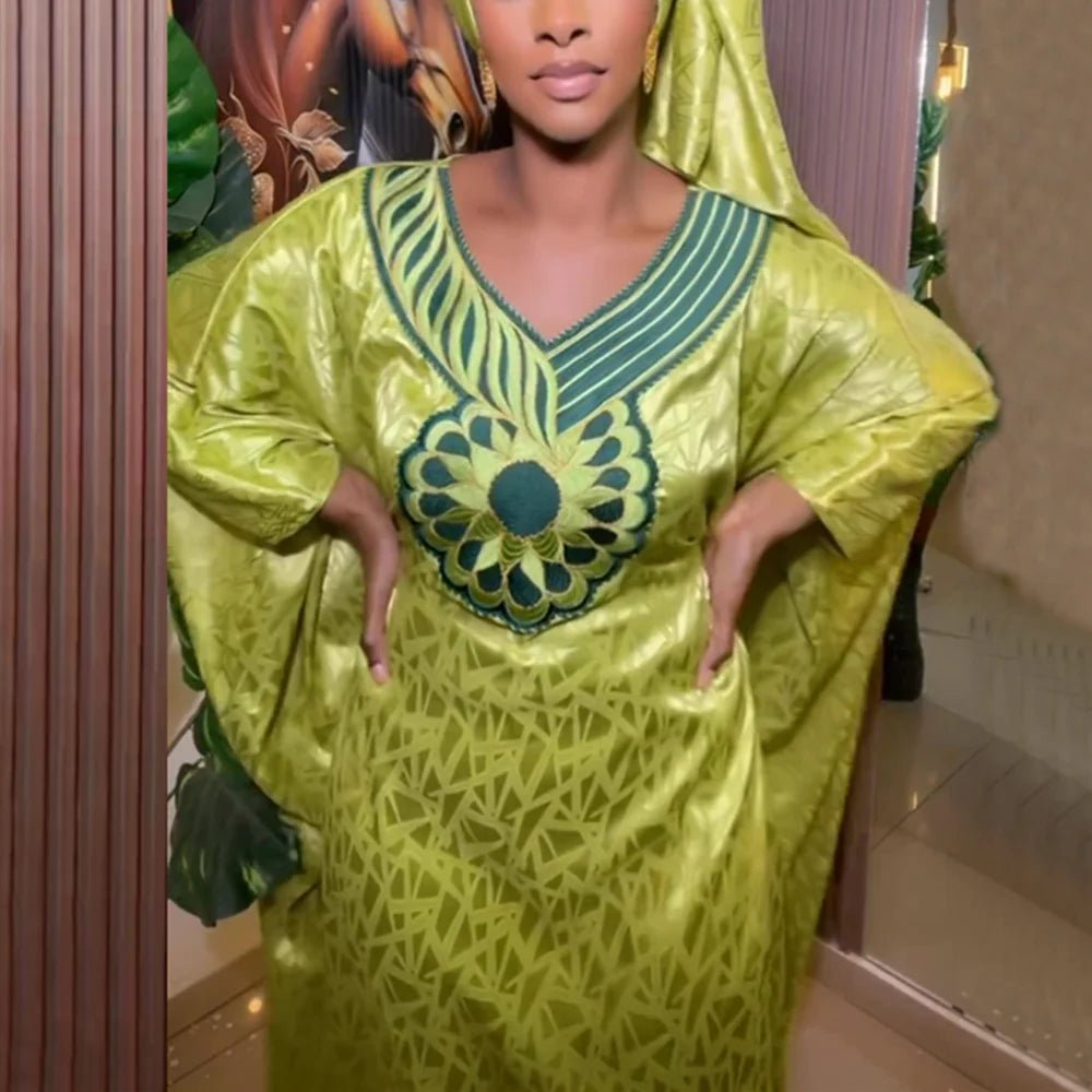 African Dresses for Women Dashiki Traditional Embroidery Bazin Gown Ankara Green Robes Nigeria Wedding Evening Party Dress - Free Delivery Worldwide only at Flexi Africa