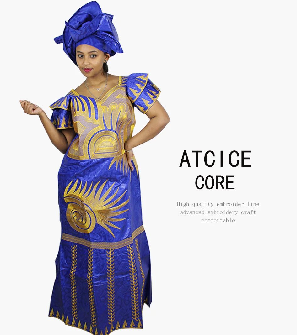 African Dresses for Women – Fashionable Long Dress with Embroidery Design & Matching Scarf - Free Delivery Worldwide only at Flexi Africa