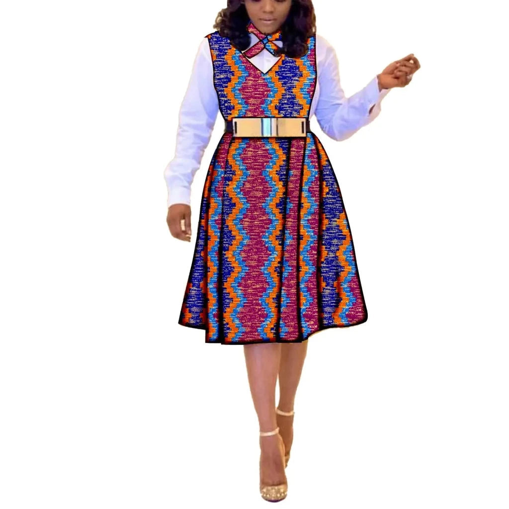 African Dresses for Women Match Print Bow Tie V - Neck Sleeve African Clothes Ankara Print Outfits Plus Size Bazin Riche S2025041 - Free Delivery Worldwide only at Flexi Africa
