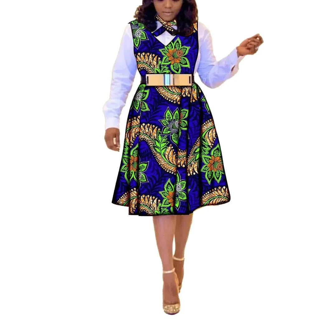 African Dresses for Women Match Print Bow Tie V - Neck Sleeve African Clothes Ankara Print Outfits Plus Size Bazin Riche S2025041 - Free Delivery Worldwide only at Flexi Africa