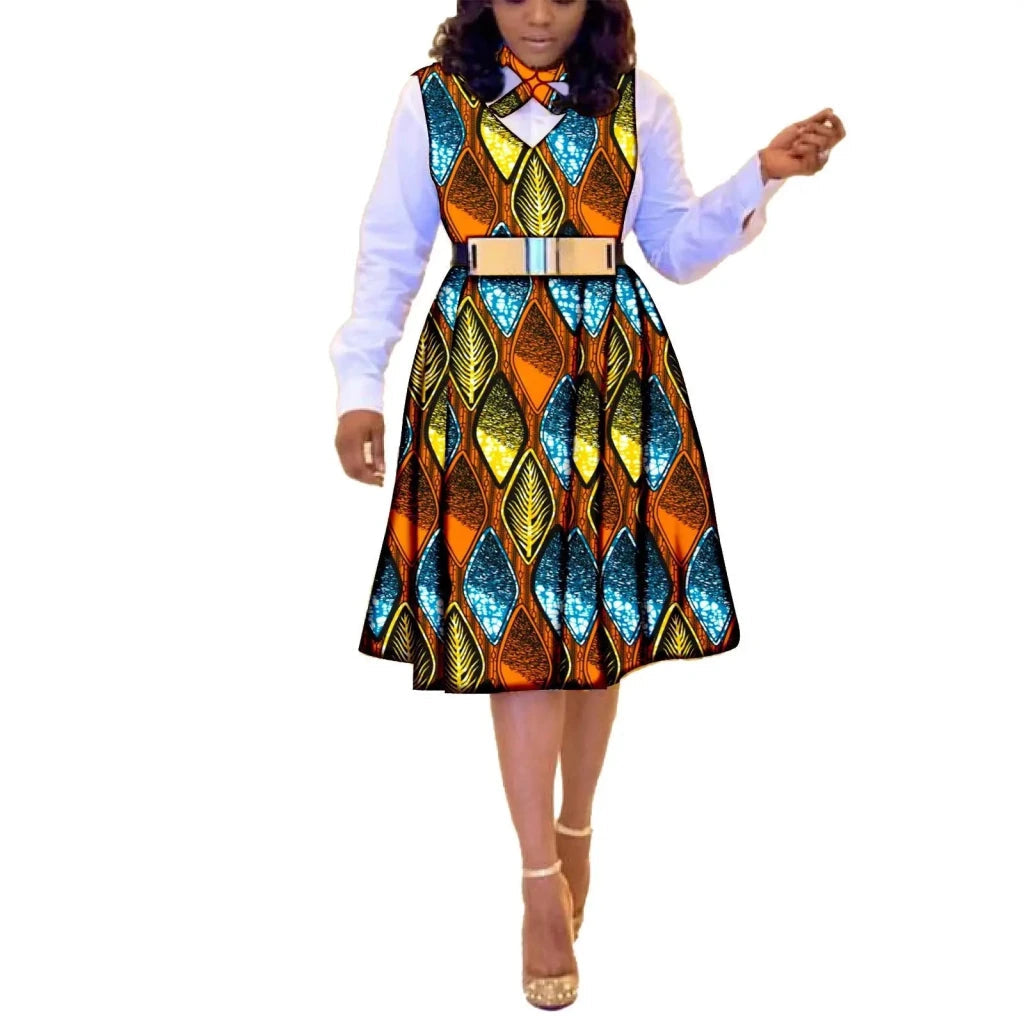 African Dresses for Women Match Print Bow Tie V - Neck Sleeve African Clothes Ankara Print Outfits Plus Size Bazin Riche S2025041 - Free Delivery Worldwide only at Flexi Africa