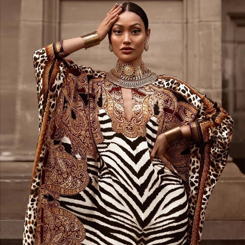 African Dresses for Women Plus Size Zebra Printed Dashiki Elegant Ladies Gown Abaya Kaftan Bat Sleeve V - neck Robes - Free Delivery Worldwide only at Flexi Africa