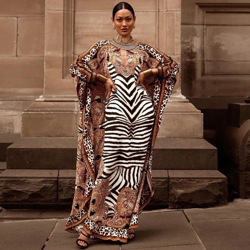 African Dresses for Women Plus Size Zebra Printed Dashiki Elegant Ladies Gown Abaya Kaftan Bat Sleeve V - neck Robes - Free Delivery Worldwide only at Flexi Africa