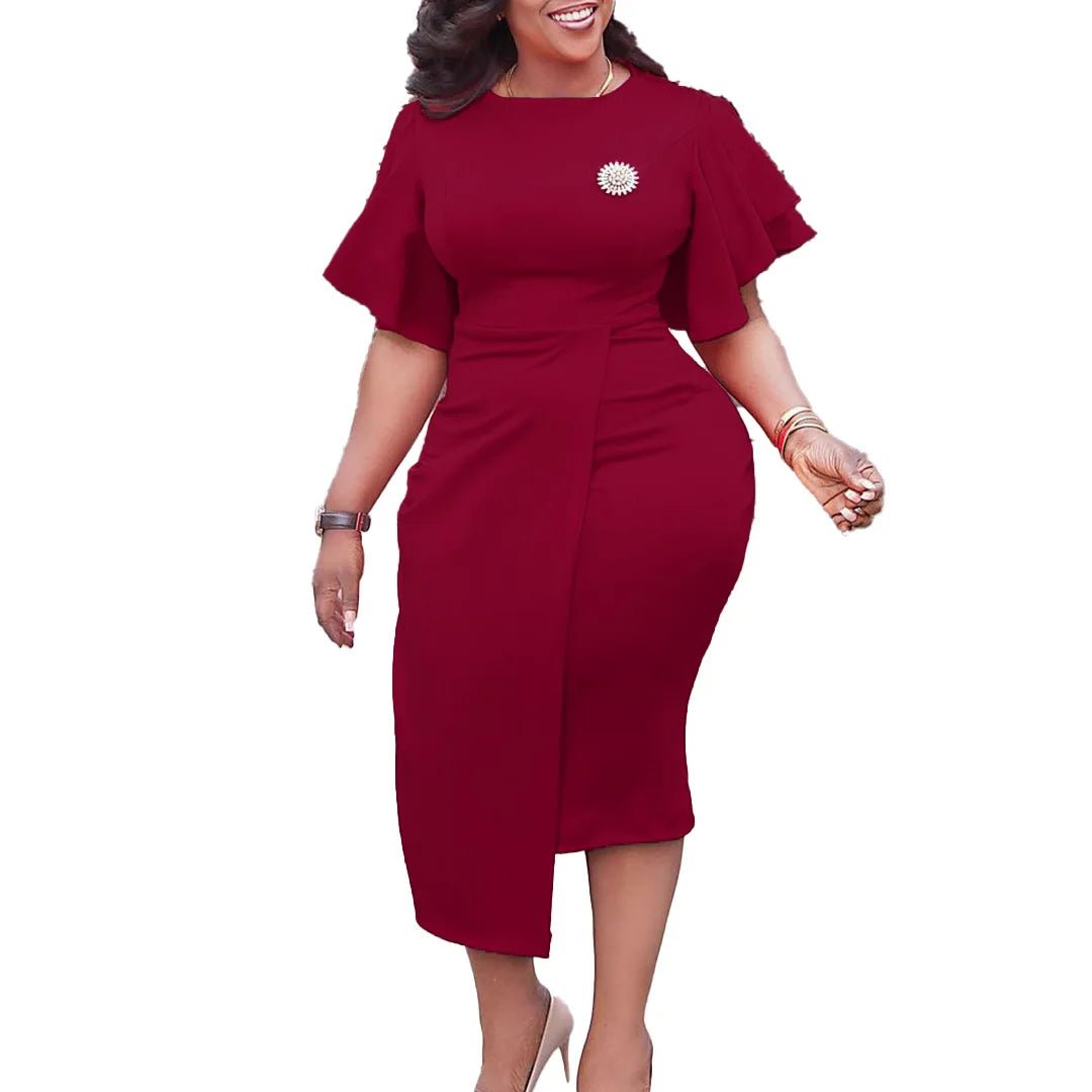 African Dresses for Women Summer Fashion Style African Women Short Sleeve O - neck Solid Color Knee - length Dress African Clothes - Free Delivery Worldwide only at Flexi Africa