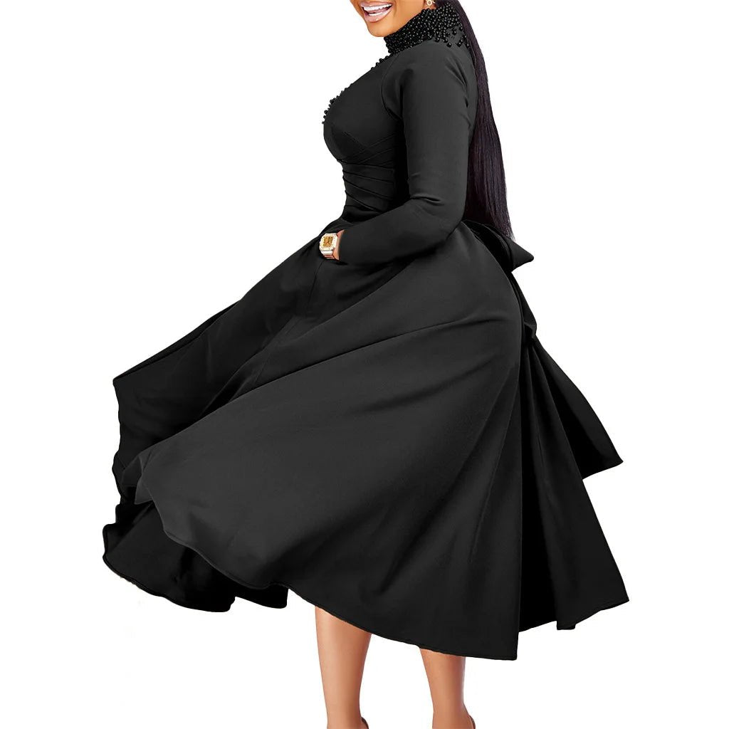 African Elegant Dress for Women Fashion High - neck Beaded Evening Dresses Slim Temperament Dress Women Long Leeve Casual Dresses - Free Delivery Worldwide only at Flexi Africa