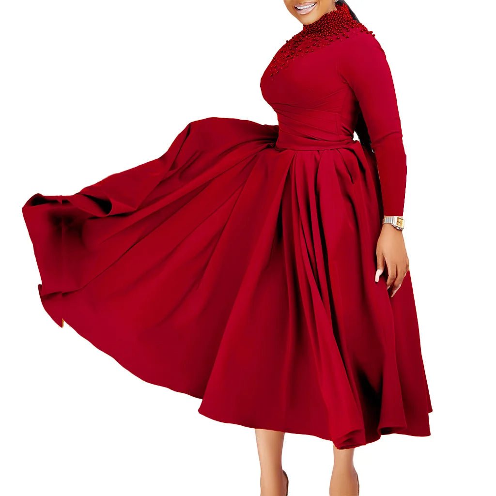 African Elegant Dress for Women Fashion High - neck Beaded Evening Dresses Slim Temperament Dress Women Long Leeve Casual Dresses - Free Delivery Worldwide only at Flexi Africa