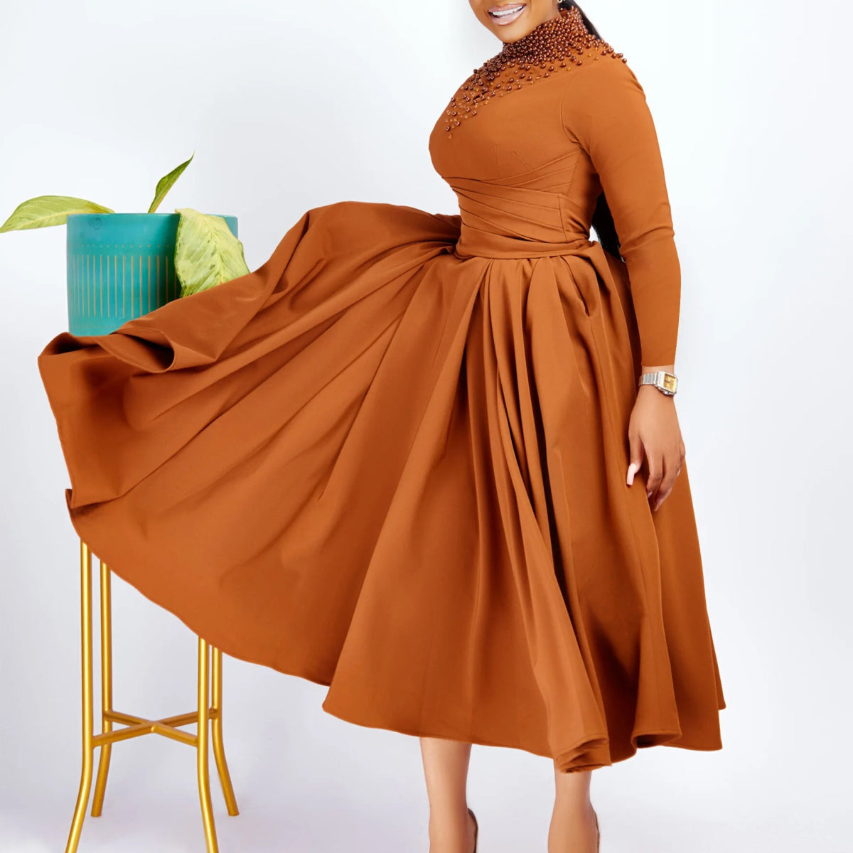 African Elegant Dress for Women Fashion High - neck Beaded Evening Dresses Slim Temperament Dress Women Long Leeve Casual Dresses - Free Delivery Worldwide only at Flexi Africa