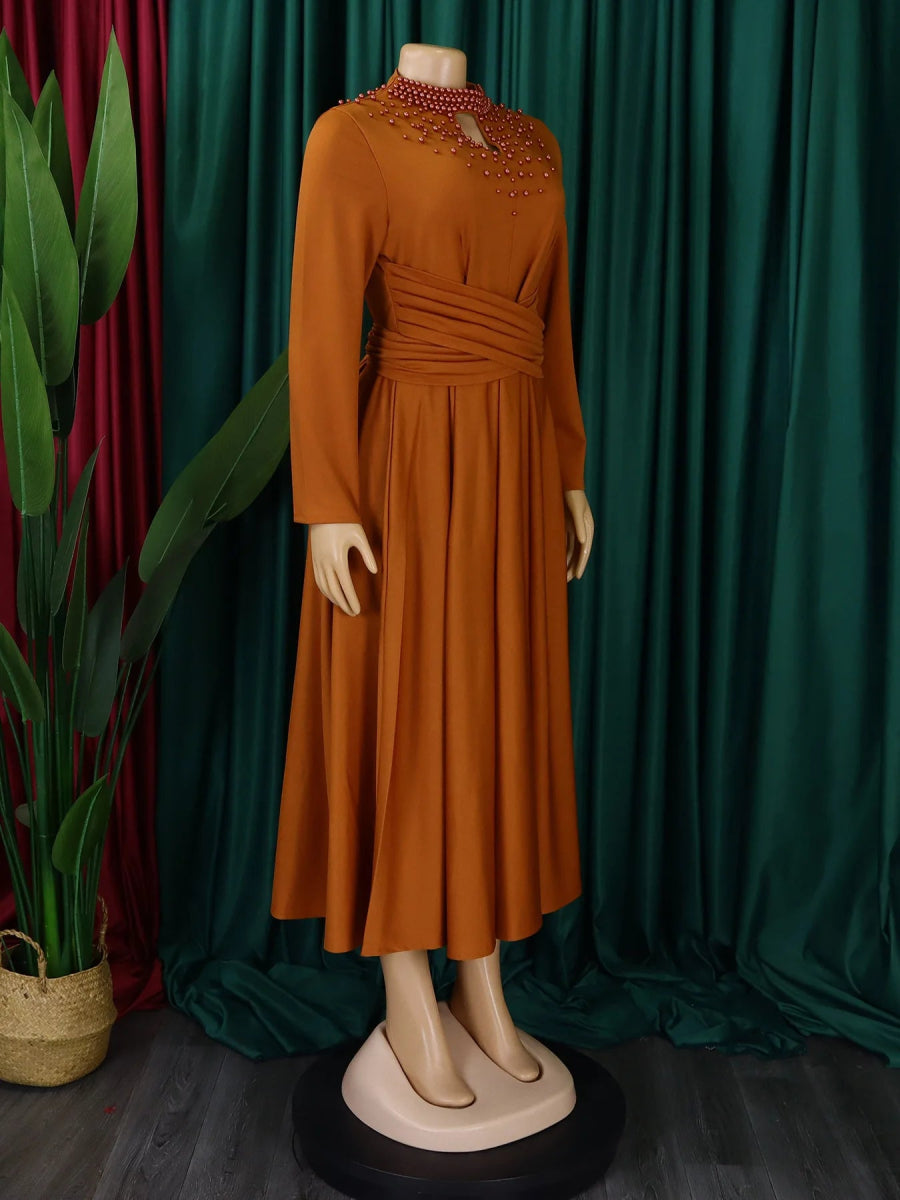 African Elegant Dress for Women Fashion High - neck Beaded Evening Dresses Slim Temperament Dress Women Long Leeve Casual Dresses - Free Delivery Worldwide only at Flexi Africa