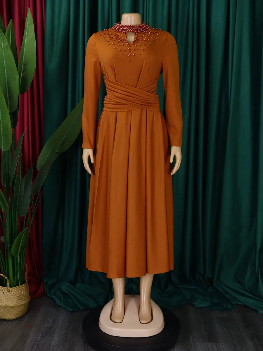 African Elegant Dress for Women Fashion High - neck Beaded Evening Dresses Slim Temperament Dress Women Long Leeve Casual Dresses - Free Delivery Worldwide only at Flexi Africa