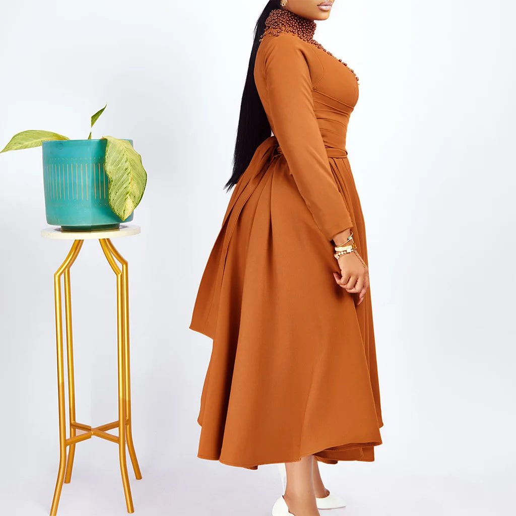 African Elegant Dress for Women Fashion High - neck Beaded Evening Dresses Slim Temperament Dress Women Long Leeve Casual Dresses - Free Delivery Worldwide only at Flexi Africa