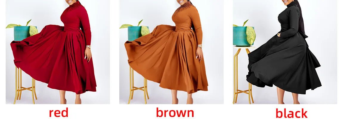 African Elegant Dress for Women Fashion High - neck Beaded Evening Dresses Slim Temperament Dress Women Long Leeve Casual Dresses - Free Delivery Worldwide only at Flexi Africa