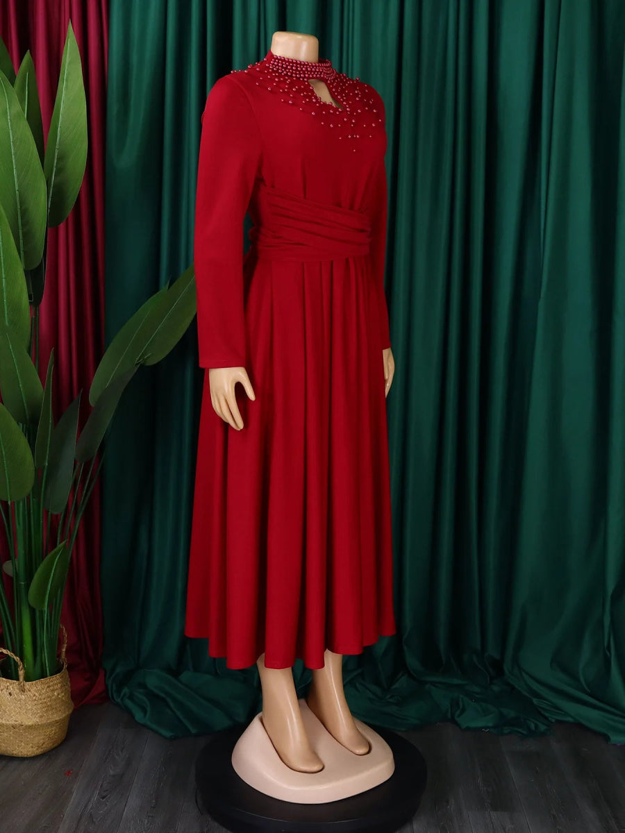 African Elegant Dress for Women Fashion High - neck Beaded Evening Dresses Slim Temperament Dress Women Long Leeve Casual Dresses - Free Delivery Worldwide only at Flexi Africa