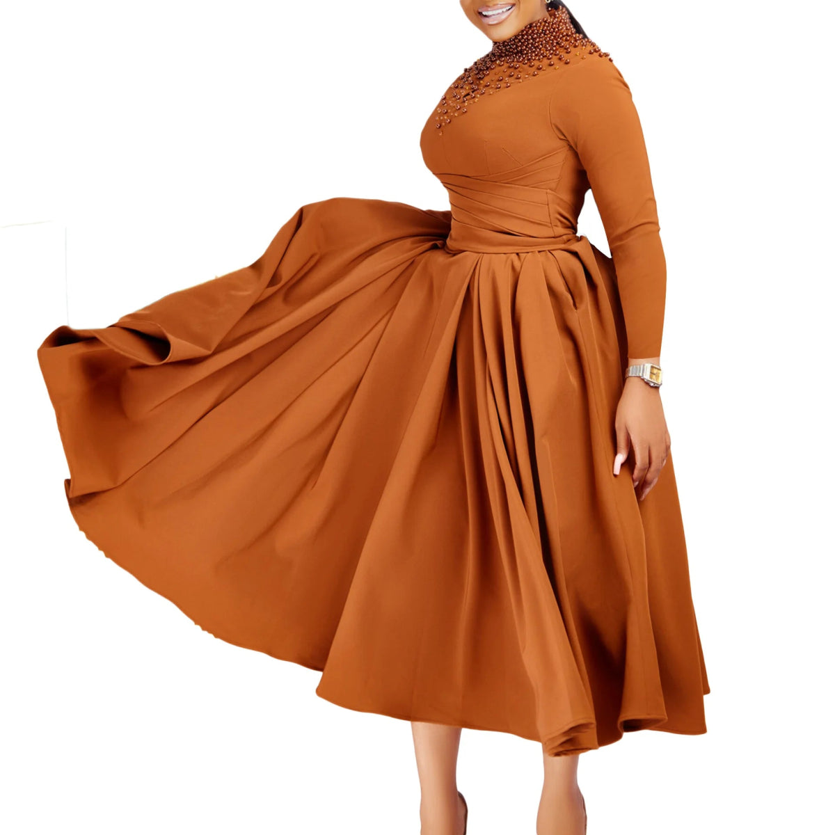 African Elegant Dress for Women Fashion High - neck Beaded Evening Dresses Slim Temperament Dress Women Long Leeve Casual Dresses - Free Delivery Worldwide only at Flexi Africa