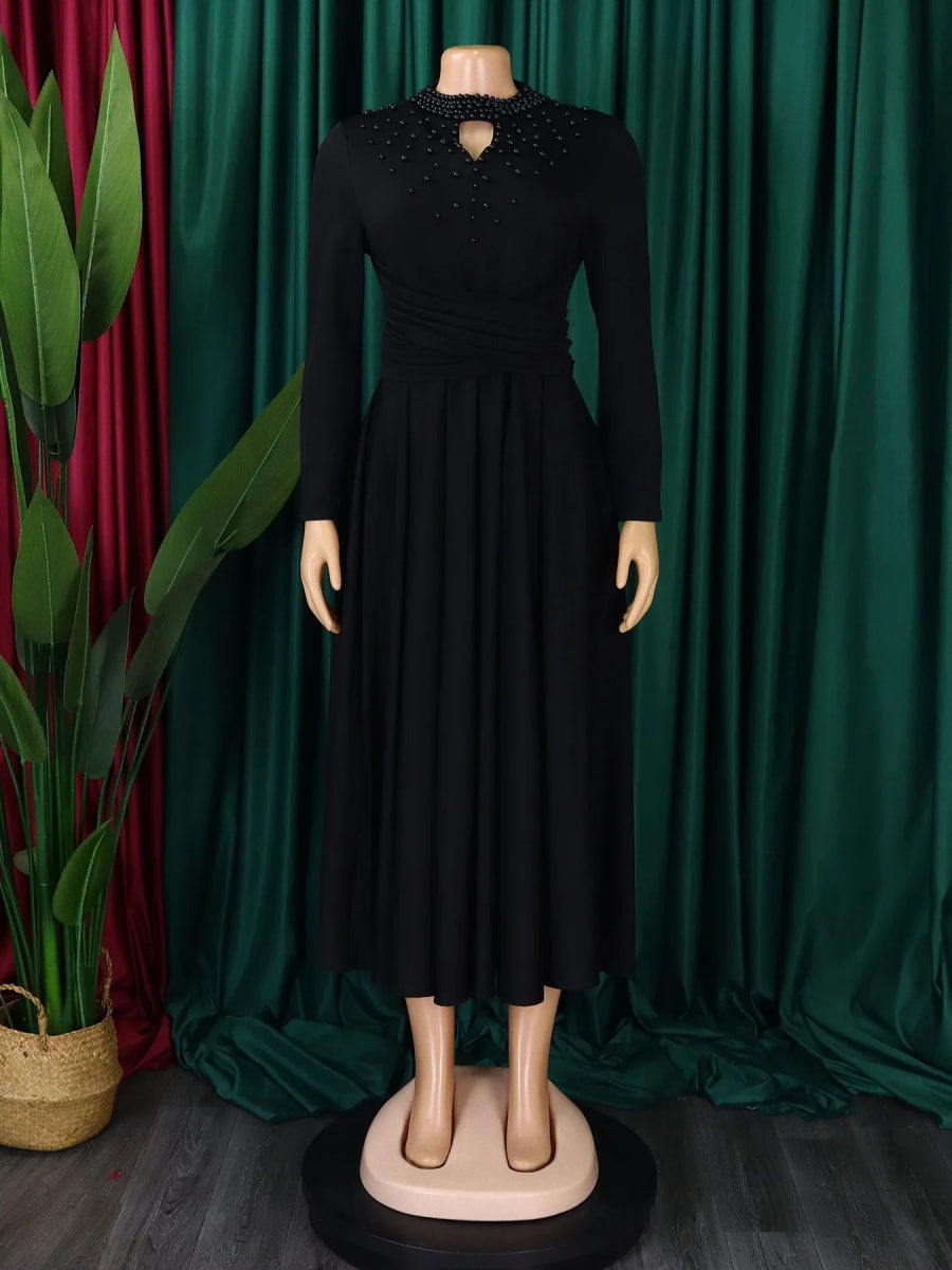 African Elegant Dress for Women Fashion High - neck Beaded Evening Dresses Slim Temperament Dress Women Long Leeve Casual Dresses - Free Delivery Worldwide only at Flexi Africa