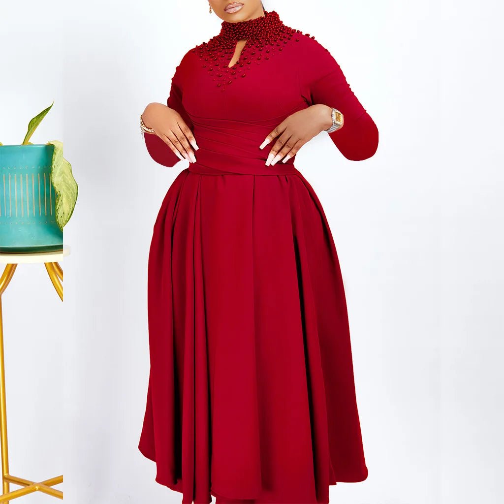 African Elegant Dress for Women Fashion High - neck Beaded Evening Dresses Slim Temperament Dress Women Long Leeve Casual Dresses - Free Delivery Worldwide only at Flexi Africa