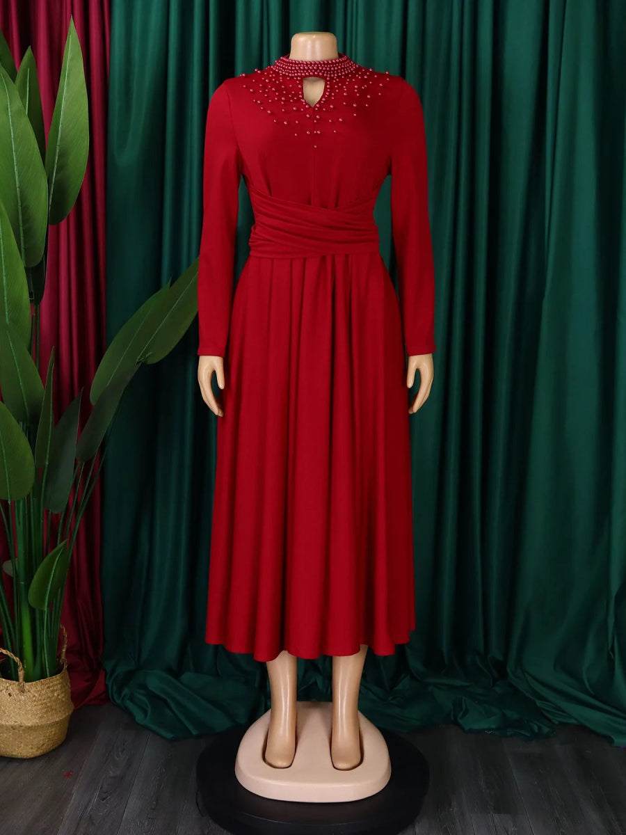 African Elegant Dress for Women Fashion High - neck Beaded Evening Dresses Slim Temperament Dress Women Long Leeve Casual Dresses - Free Delivery Worldwide only at Flexi Africa