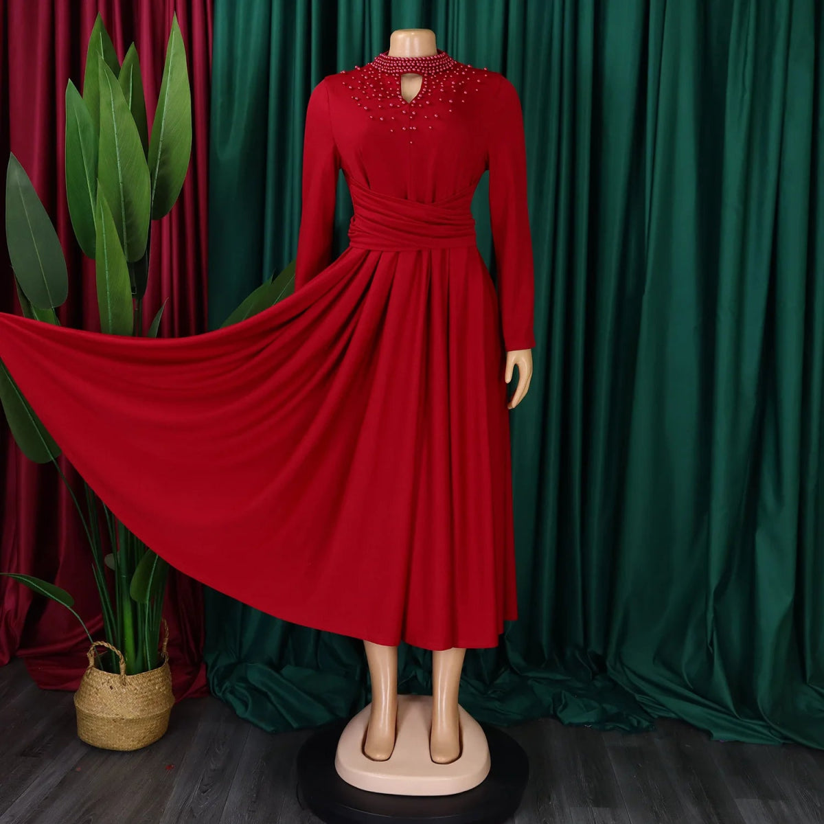 African Elegant Dress for Women Fashion High - neck Beaded Evening Dresses Slim Temperament Dress Women Long Leeve Casual Dresses - Free Delivery Worldwide only at Flexi Africa