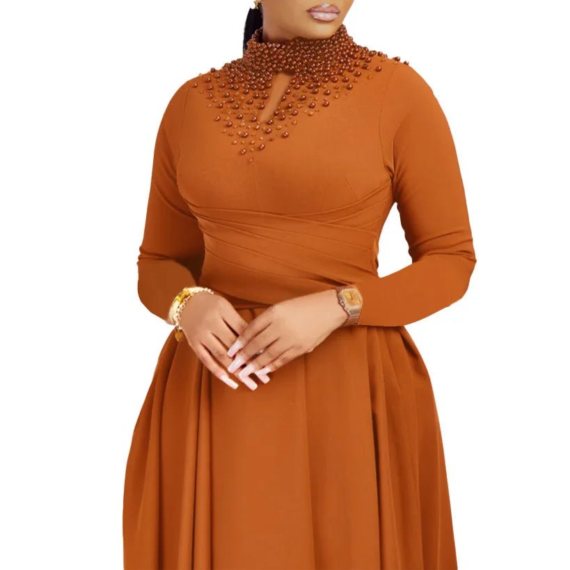 African Elegant Dress for Women Fashion High - neck Beaded Evening Dresses Slim Temperament Dress Women Long Leeve Casual Dresses - Free Delivery Worldwide only at Flexi Africa