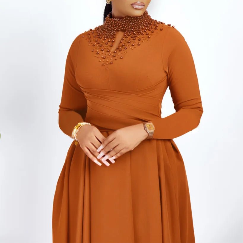 African Elegant Dress for Women Fashion High - neck Beaded Evening Dresses Slim Temperament Dress Women Long Leeve Casual Dresses - Free Delivery Worldwide only at Flexi Africa