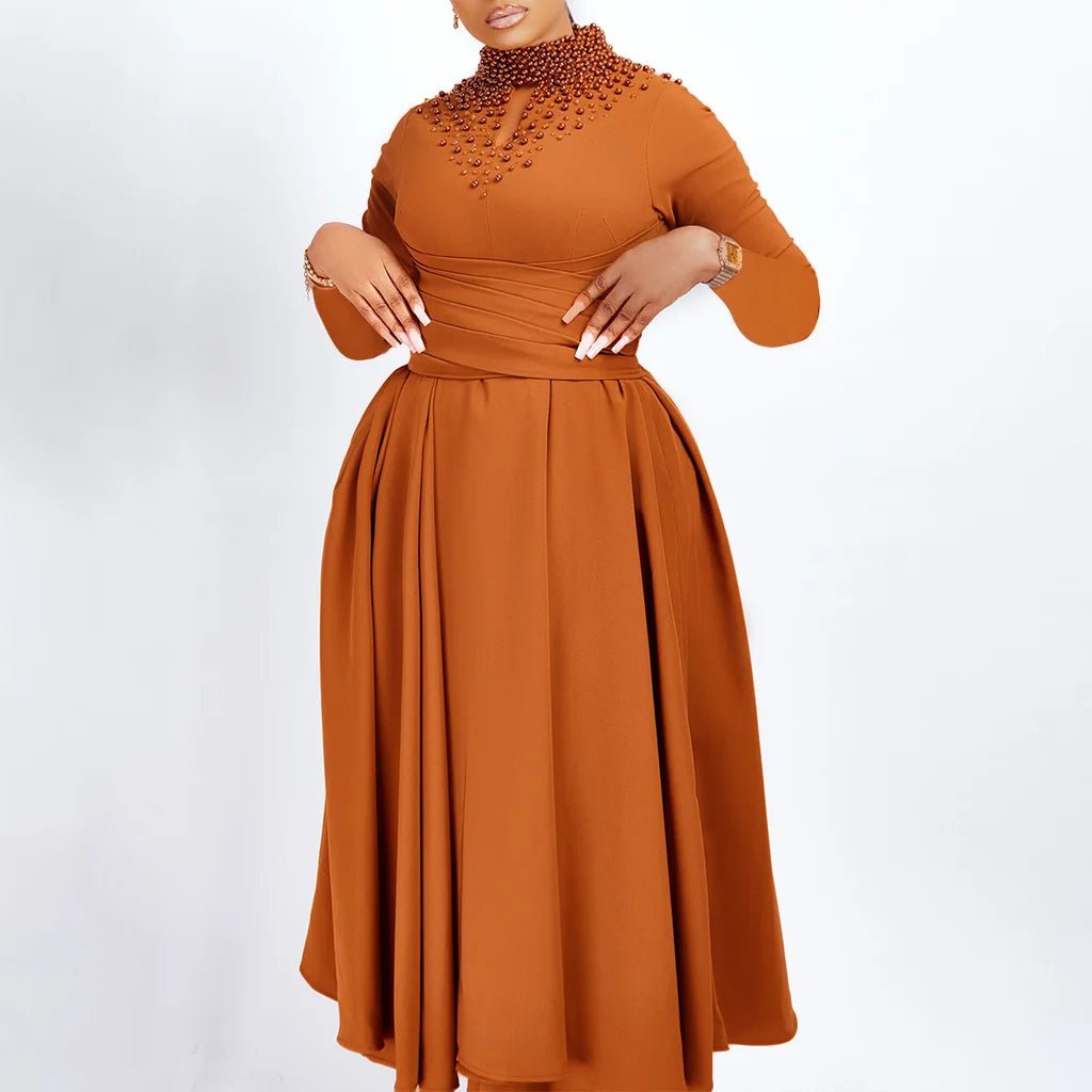African Elegant Dress for Women Fashion High - neck Beaded Evening Dresses Slim Temperament Dress Women Long Leeve Casual Dresses - Free Delivery Worldwide only at Flexi Africa