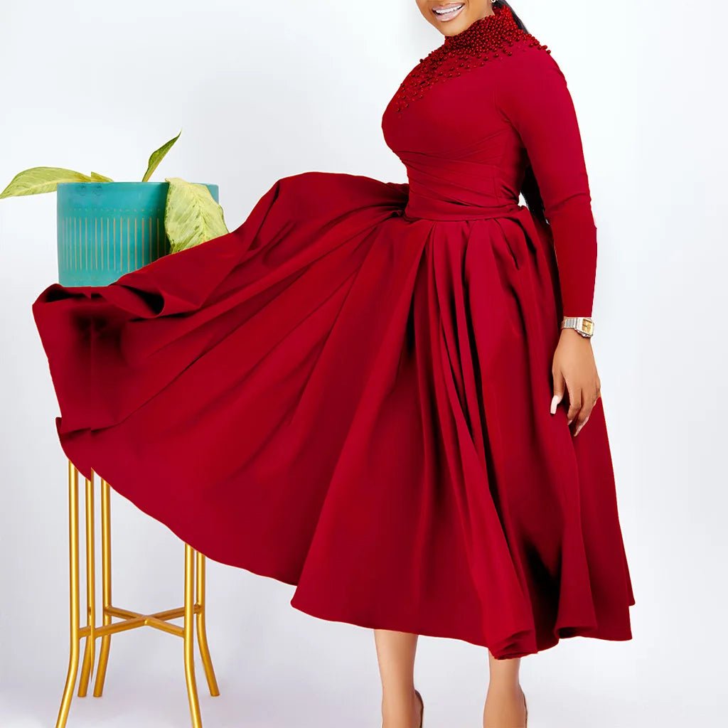 African Elegant Dress for Women Fashion High - neck Beaded Evening Dresses Slim Temperament Dress Women Long Leeve Casual Dresses - Free Delivery Worldwide only at Flexi Africa