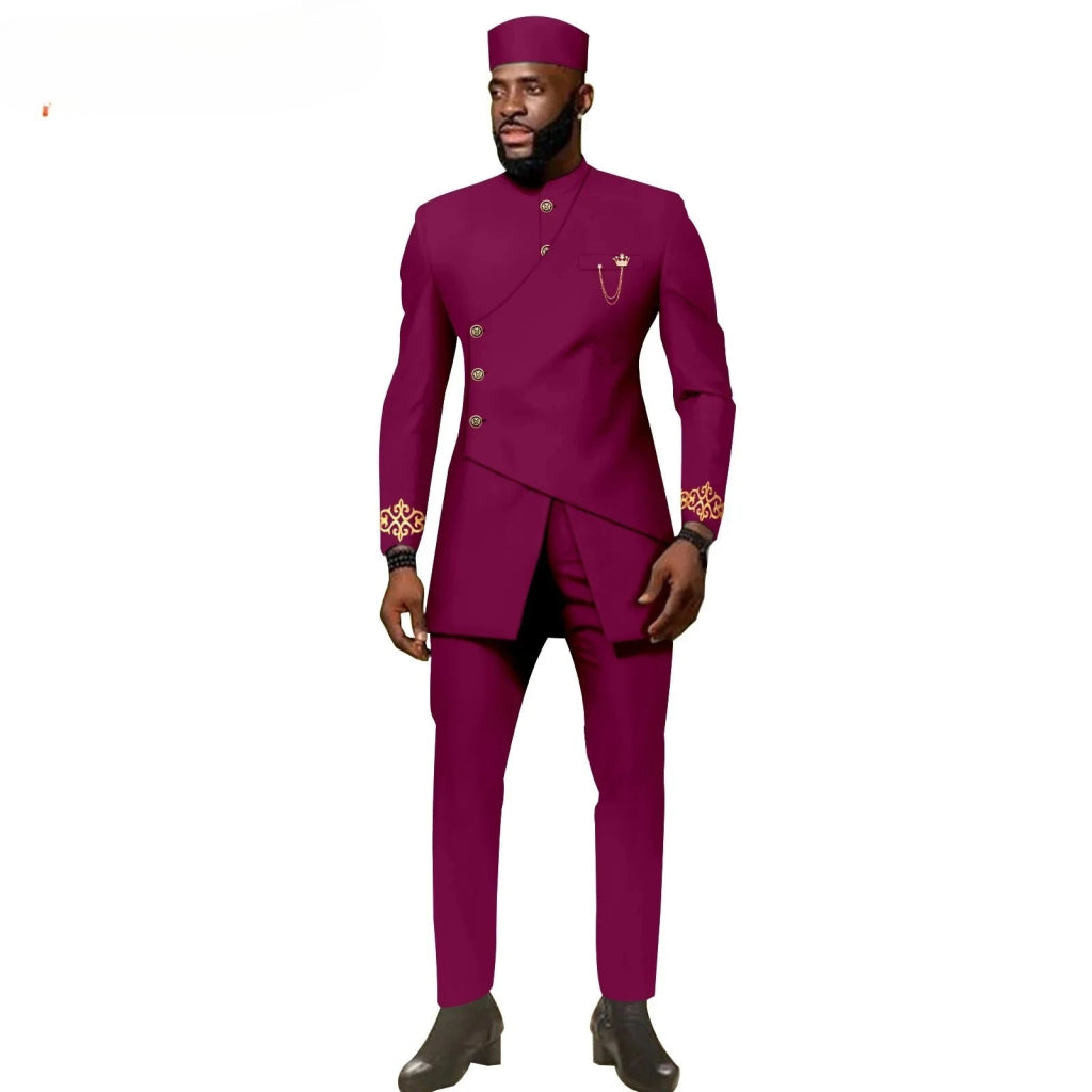 African Ethnic New Men's Casual Suit - Refined and Fitted Style - Party Dress - Fashionable Men's Clothing (Top + Pants + Hat) - Free Delivery Worldwide only at Flexi Africa