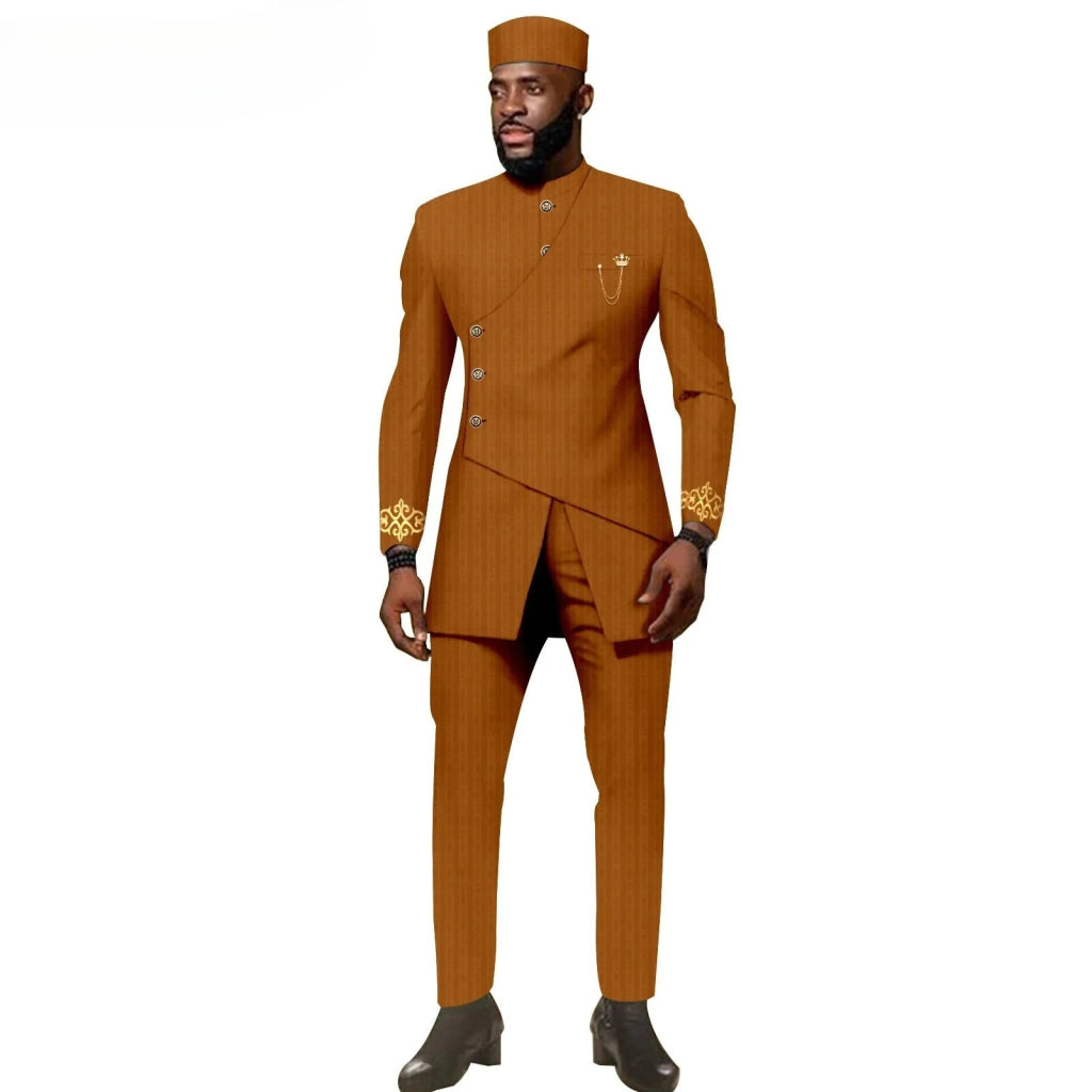 African Ethnic New Men's Casual Suit - Refined and Fitted Style - Party Dress - Fashionable Men's Clothing (Top + Pants + Hat) - Free Delivery Worldwide only at Flexi Africa