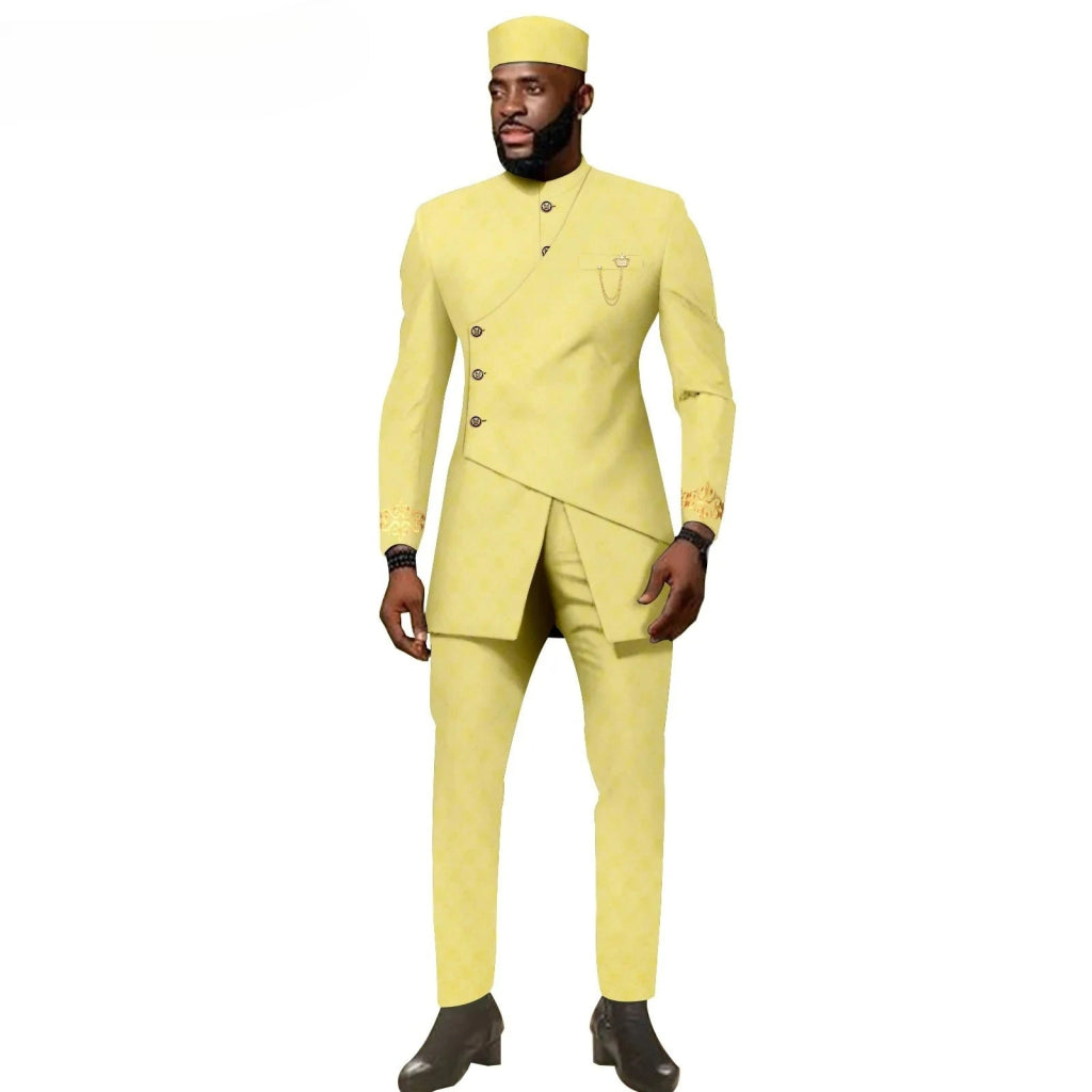 African Ethnic New Men's Casual Suit - Refined and Fitted Style - Party Dress - Fashionable Men's Clothing (Top + Pants + Hat) - Free Delivery Worldwide only at Flexi Africa