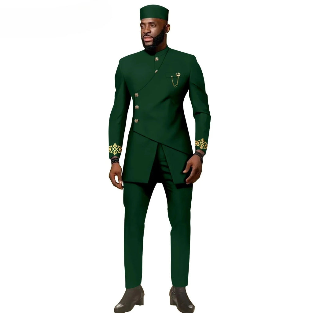 African Ethnic New Men's Casual Suit - Refined and Fitted Style - Party Dress - Fashionable Men's Clothing (Top + Pants + Hat) - Free Delivery Worldwide only at Flexi Africa