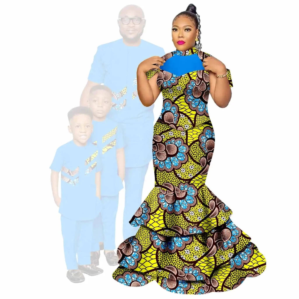 African Family Matching Outfits – Dashiki Women’s Long Mermaid Dress with Men & Boys Shirt and Pant Sets, - Free Delivery Worldwide only at Flexi Africa