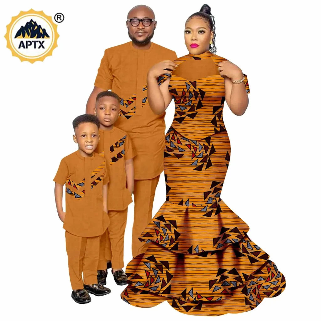 African Family Matching Outfits – Dashiki Women’s Long Mermaid Dress with Men & Boys Shirt and Pant Sets, - Free Delivery Worldwide only at Flexi Africa