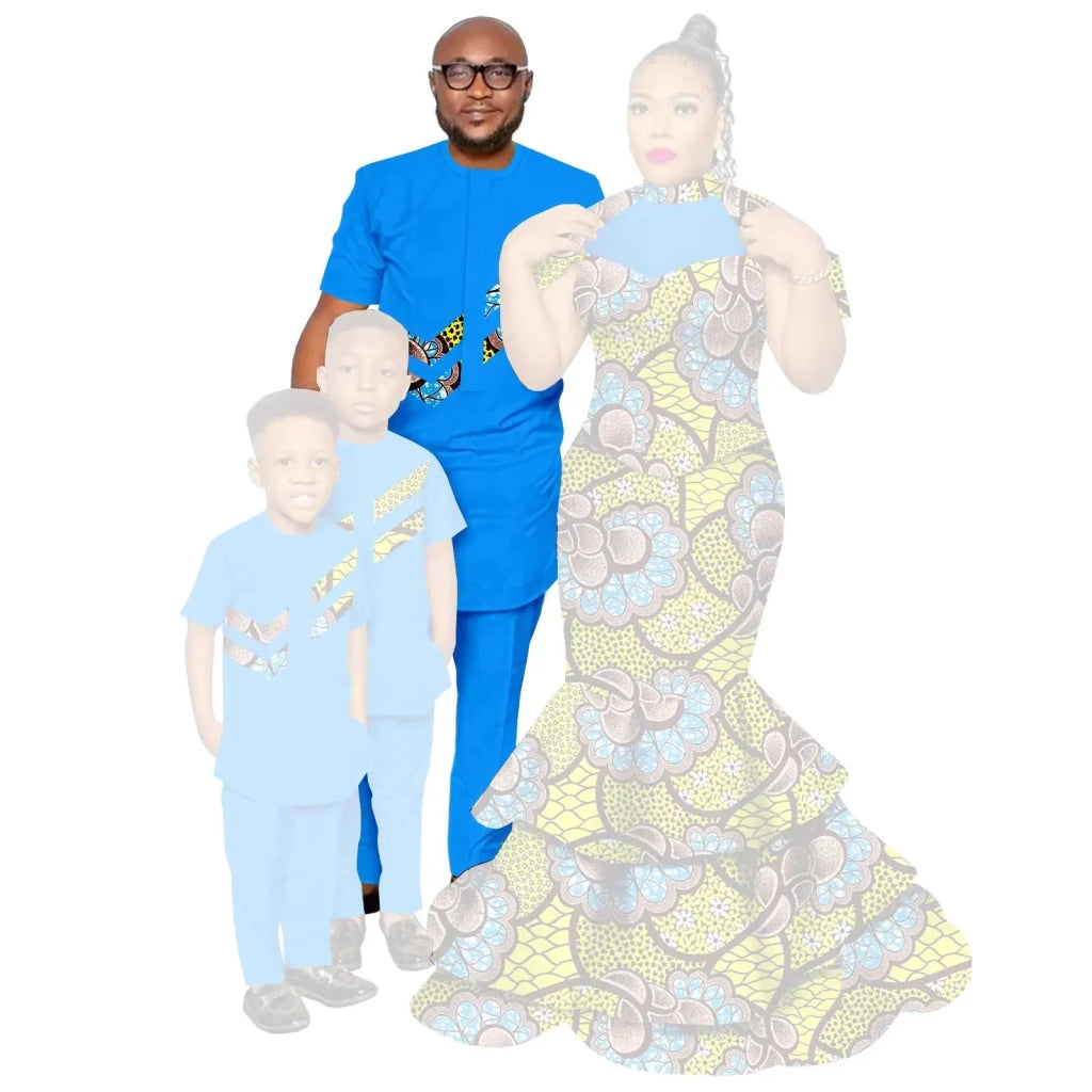 African Family Matching Outfits – Dashiki Women’s Long Mermaid Dress with Men & Boys Shirt and Pant Sets, - Free Delivery Worldwide only at Flexi Africa